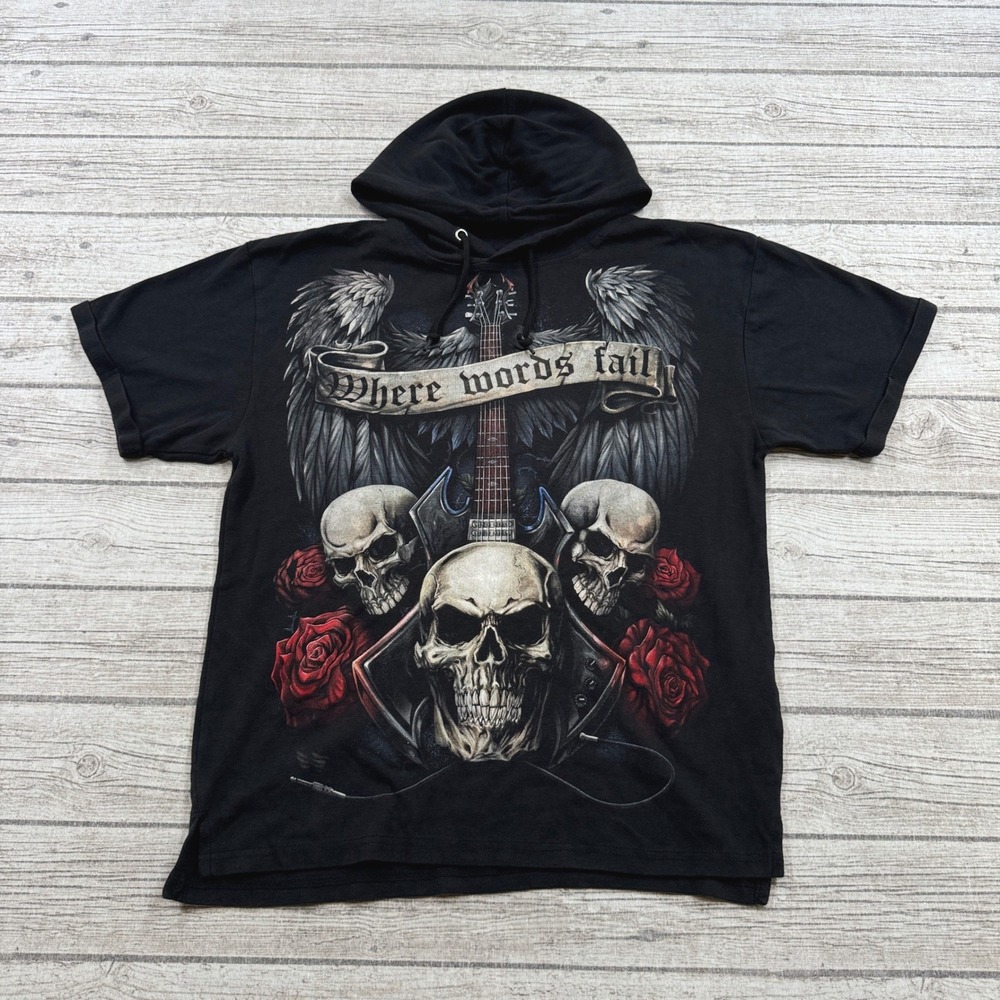 Spiral Hoodie Mens Large Black Short Sleeve Skull Wings Music Speaks Metal